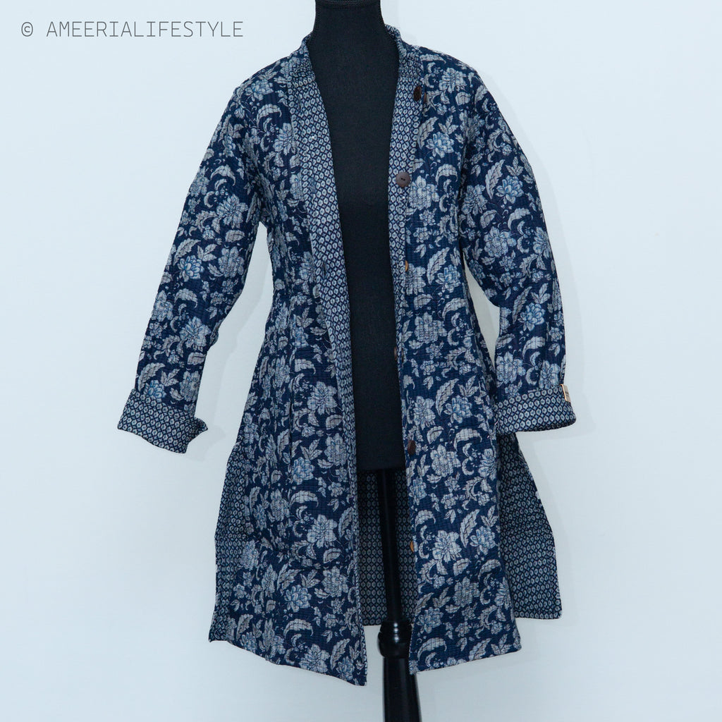 Cotton Quilted Reversible Spring/Fall Jacket - Long - Navy Blue Floral & Light Blue Geometric