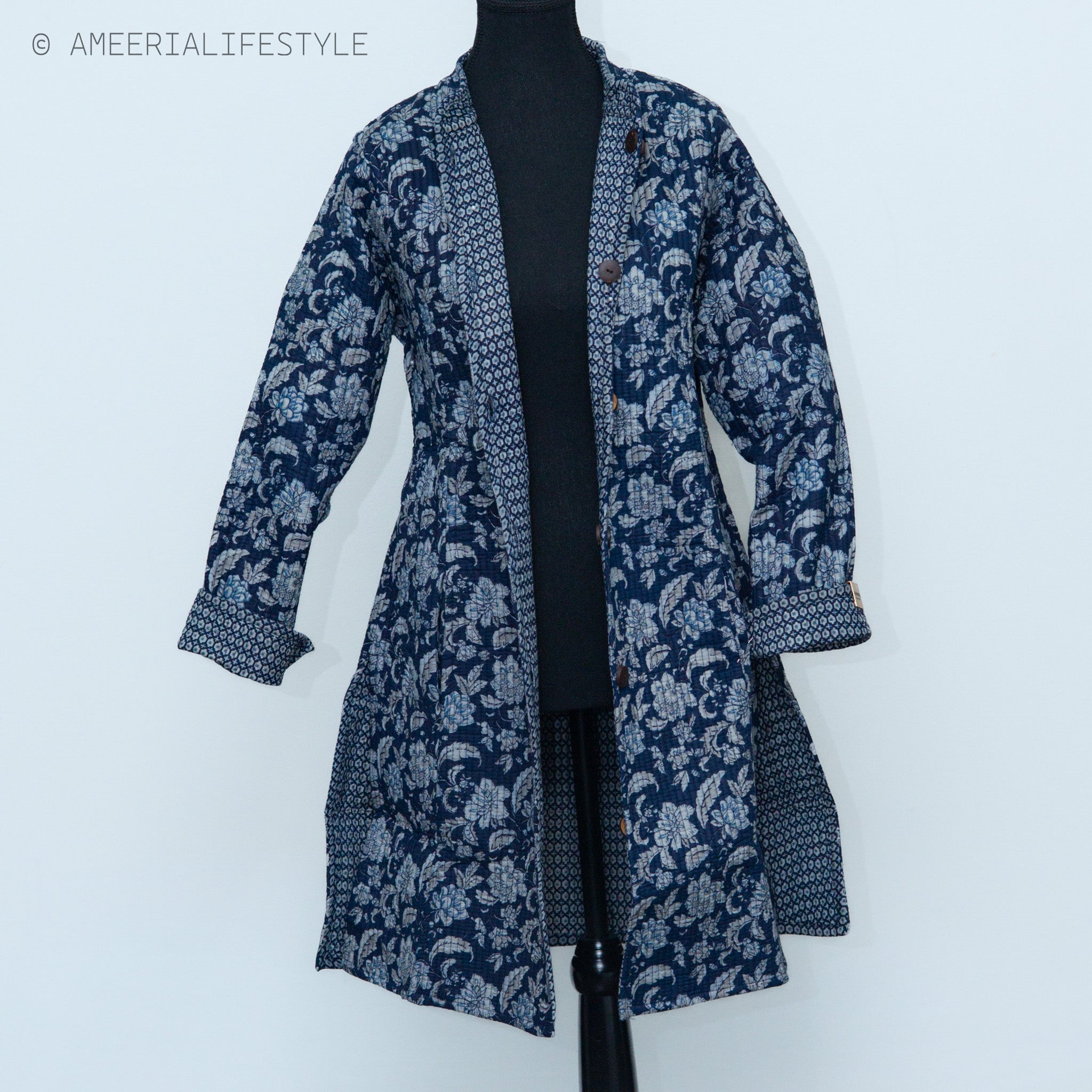 Cotton Quilted Reversible Spring/Fall Jacket - Long - Navy Blue Floral & Light Blue Geometric