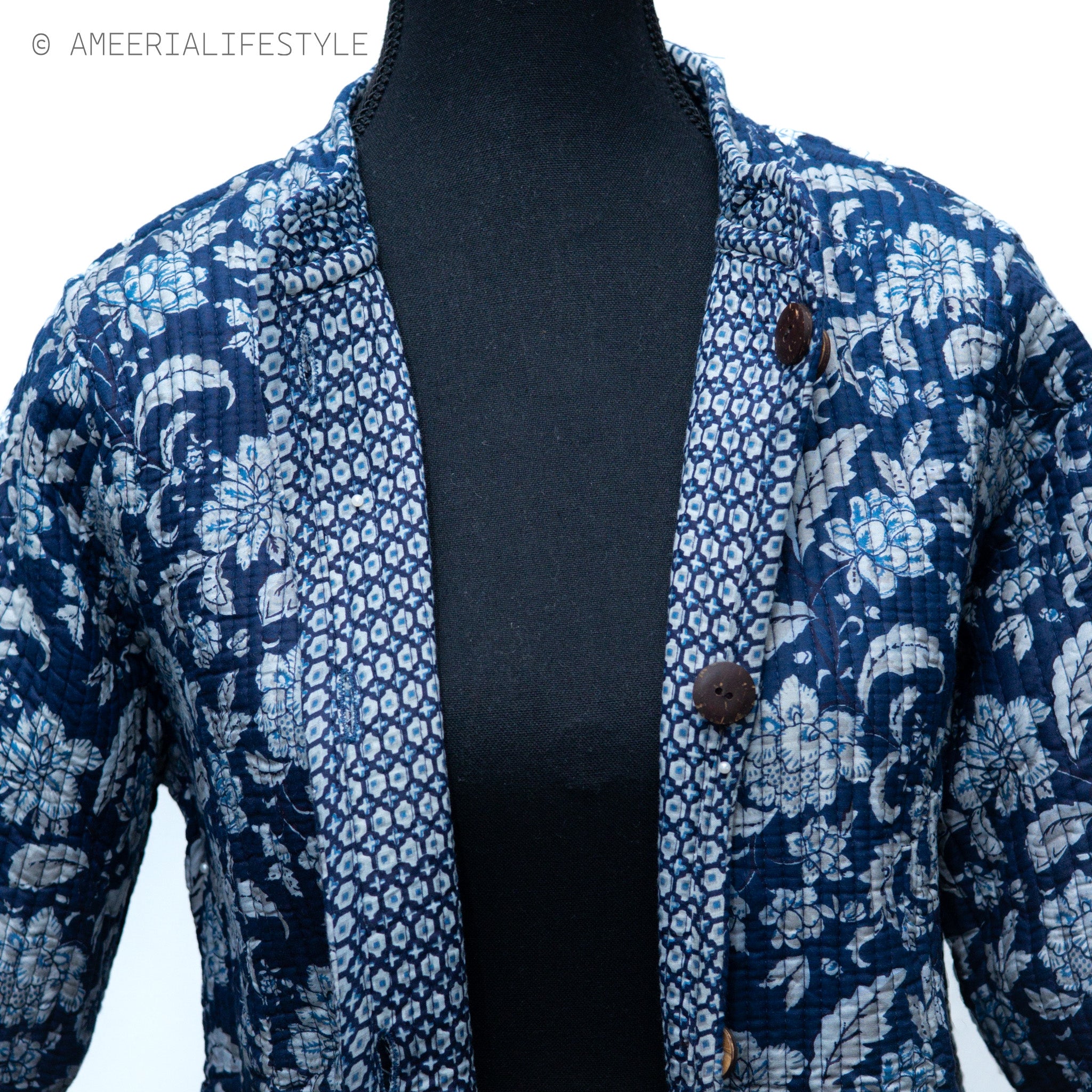 Cotton Quilted Reversible Spring/Fall Jacket - Long - Navy Blue Floral & Light Blue Geometric