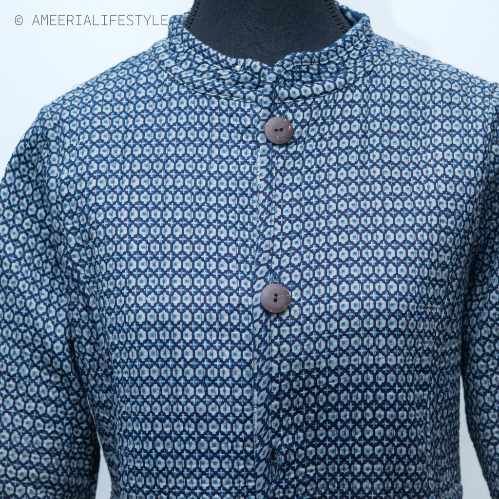 Cotton Quilted Reversible Spring/Fall Jacket - Long - Navy Blue Floral & Light Blue Geometric