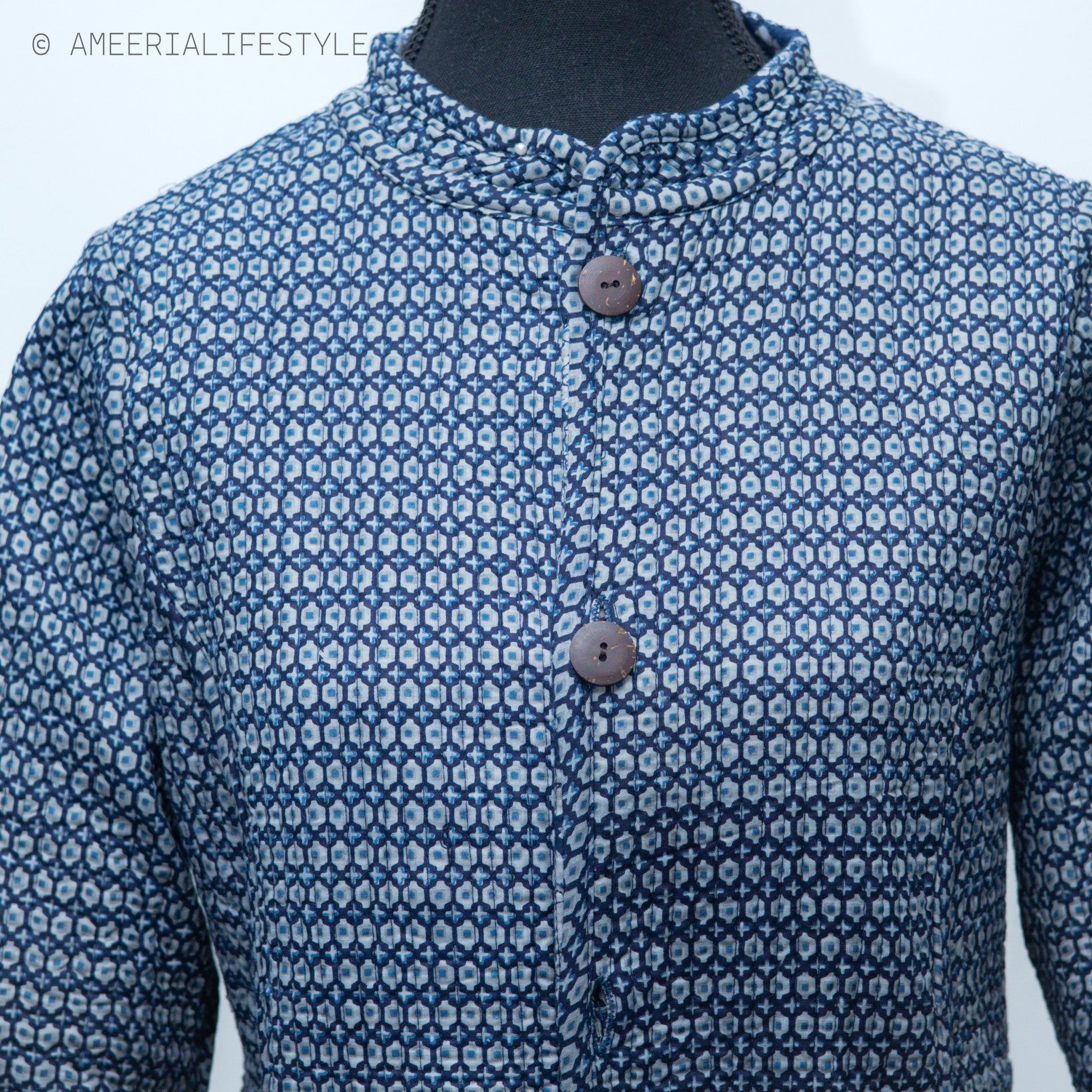 Cotton Quilted Reversible Spring/Fall Jacket - Long - Navy Blue Floral & Light Blue Geometric