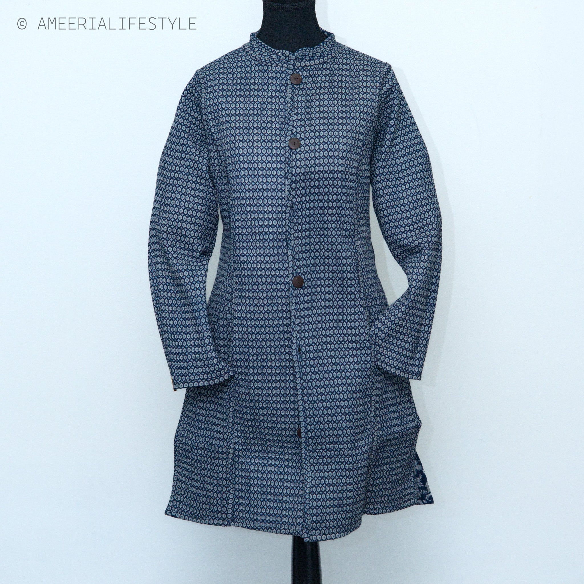 Cotton Quilted Reversible Spring/Fall Jacket - Long - Navy Blue Floral & Light Blue Geometric