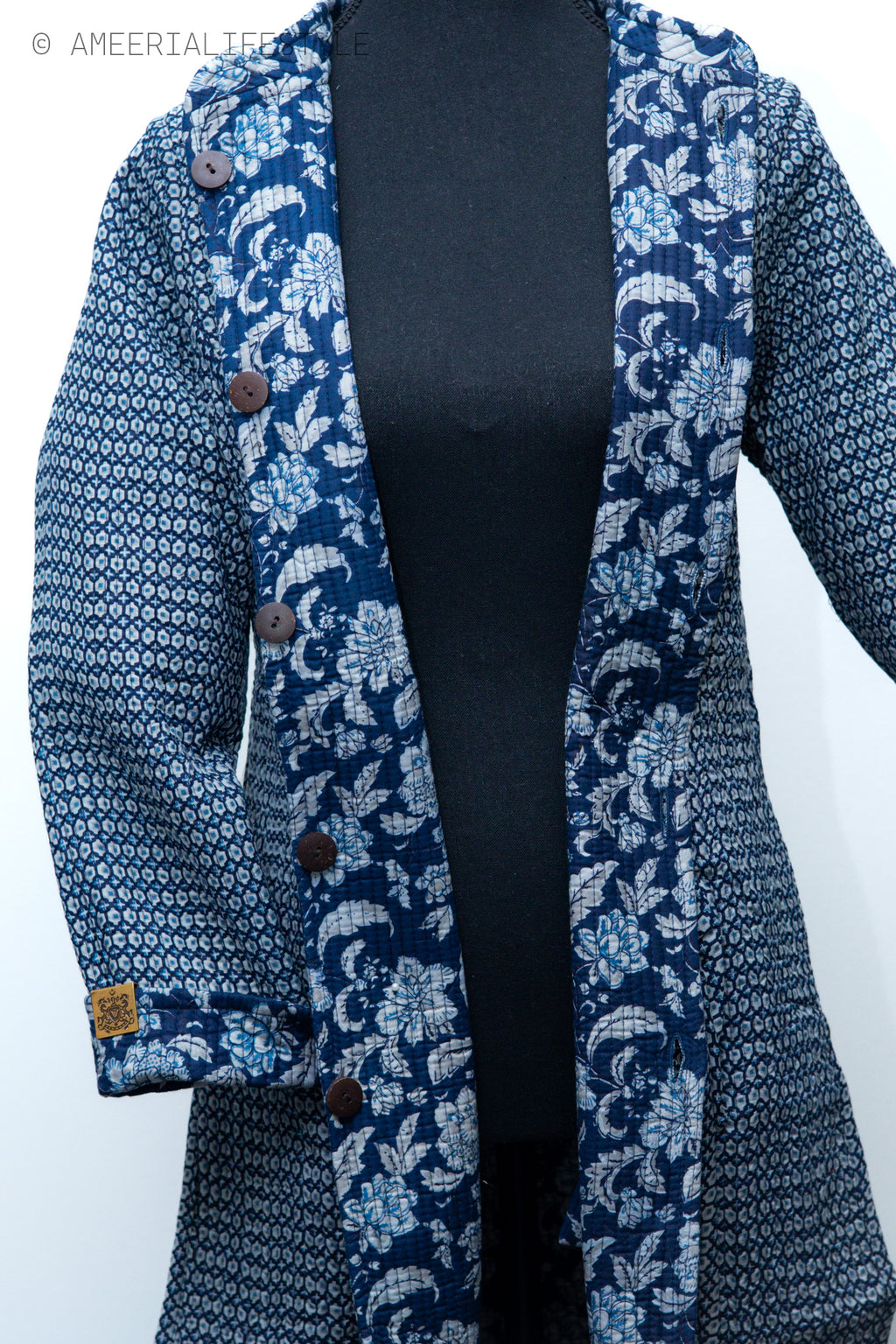 Cotton Quilted Reversible Spring/Fall Jacket - Long - Navy Blue Floral & Light Blue Geometric