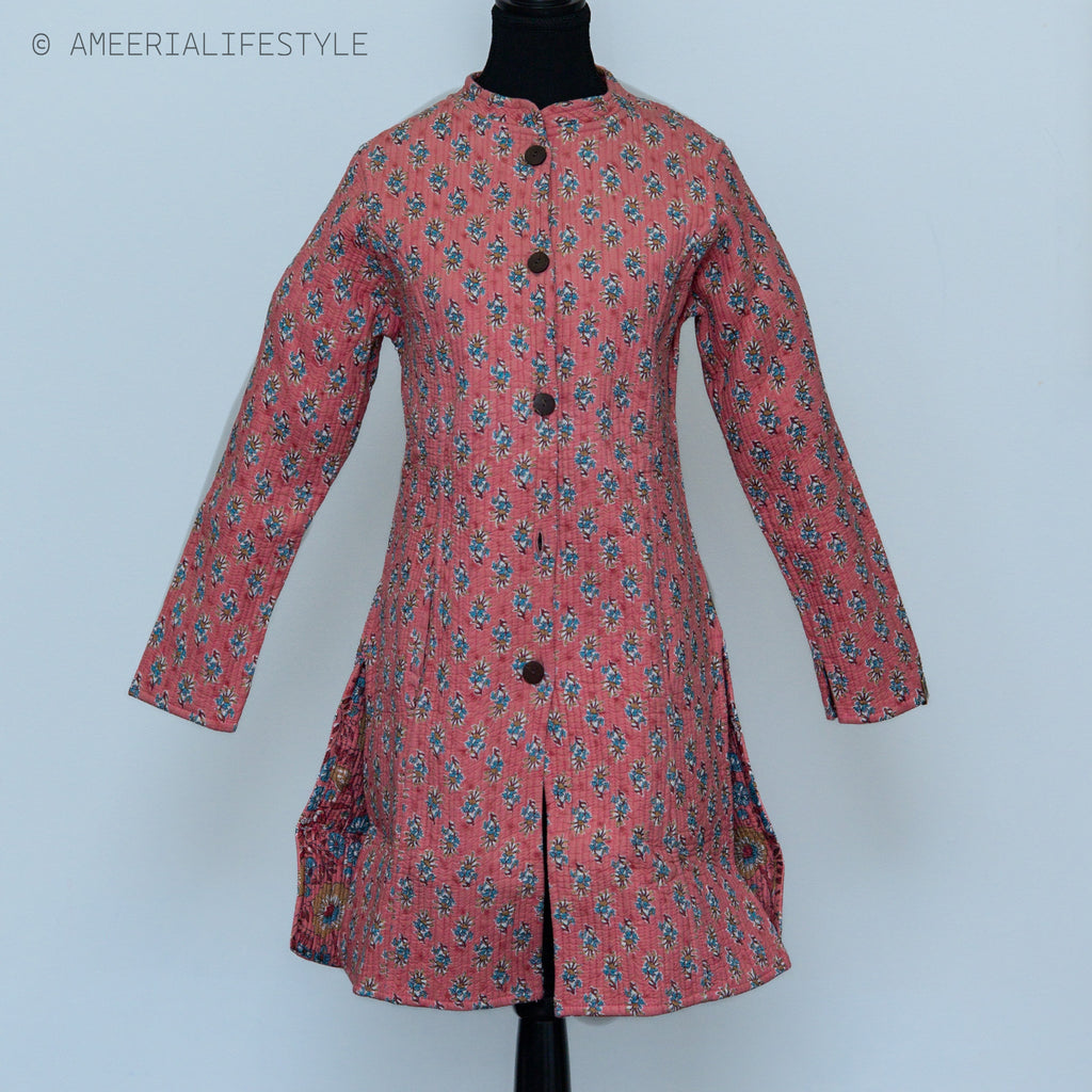 Cotton Quilted Reversible Spring/Fall Jacket - Long - Pink Floral & Orange Medallion