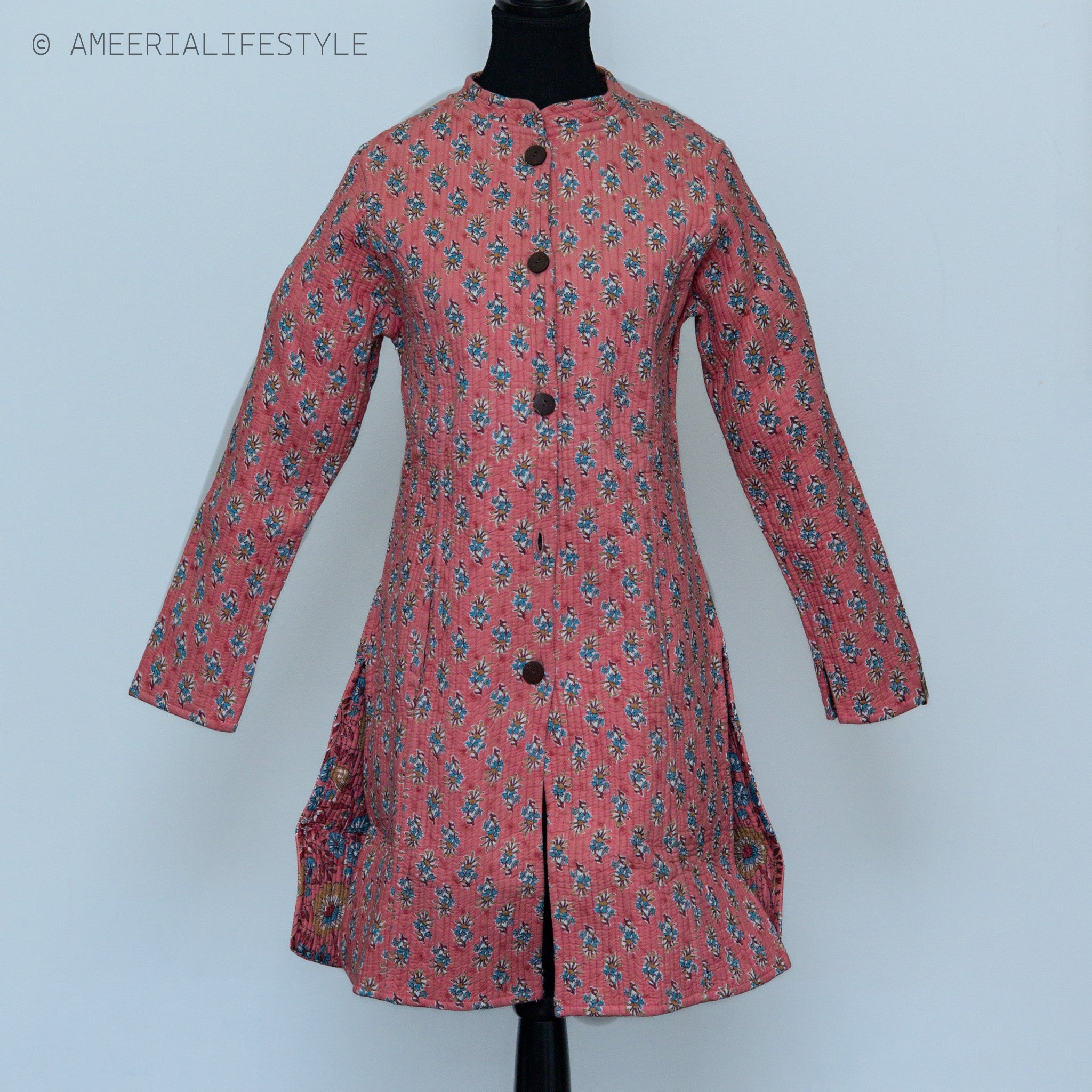 Cotton Quilted Reversible Spring/Fall Jacket - Long - Pink Floral & Orange Medallion