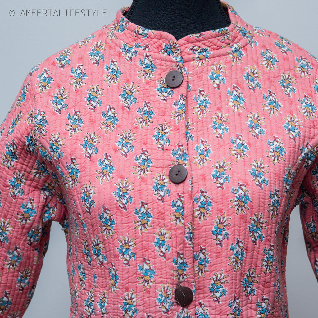 Cotton Quilted Reversible Spring/Fall Jacket - Long - Pink Floral & Orange Medallion