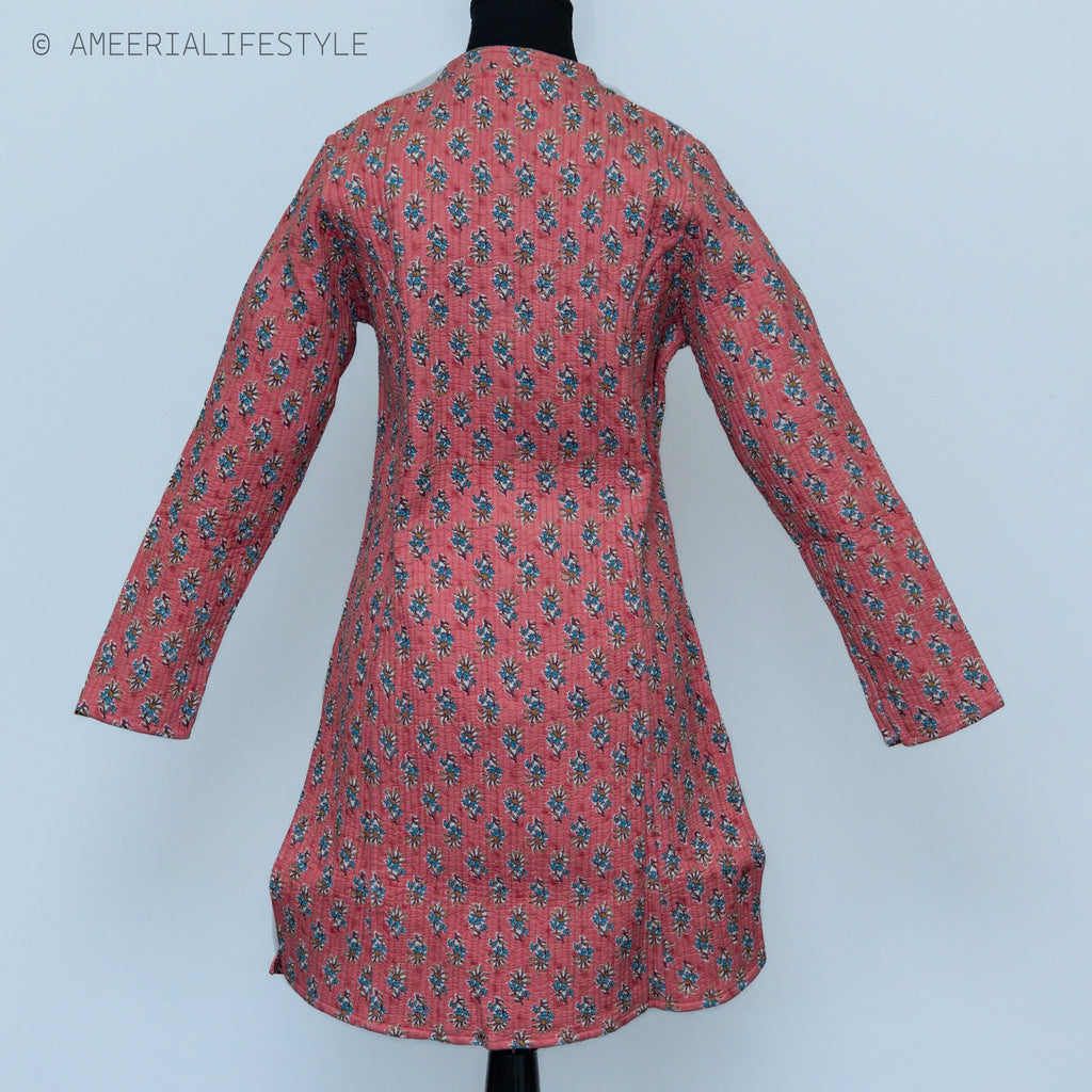Cotton Quilted Reversible Spring/Fall Jacket - Long - Pink Floral & Orange Medallion