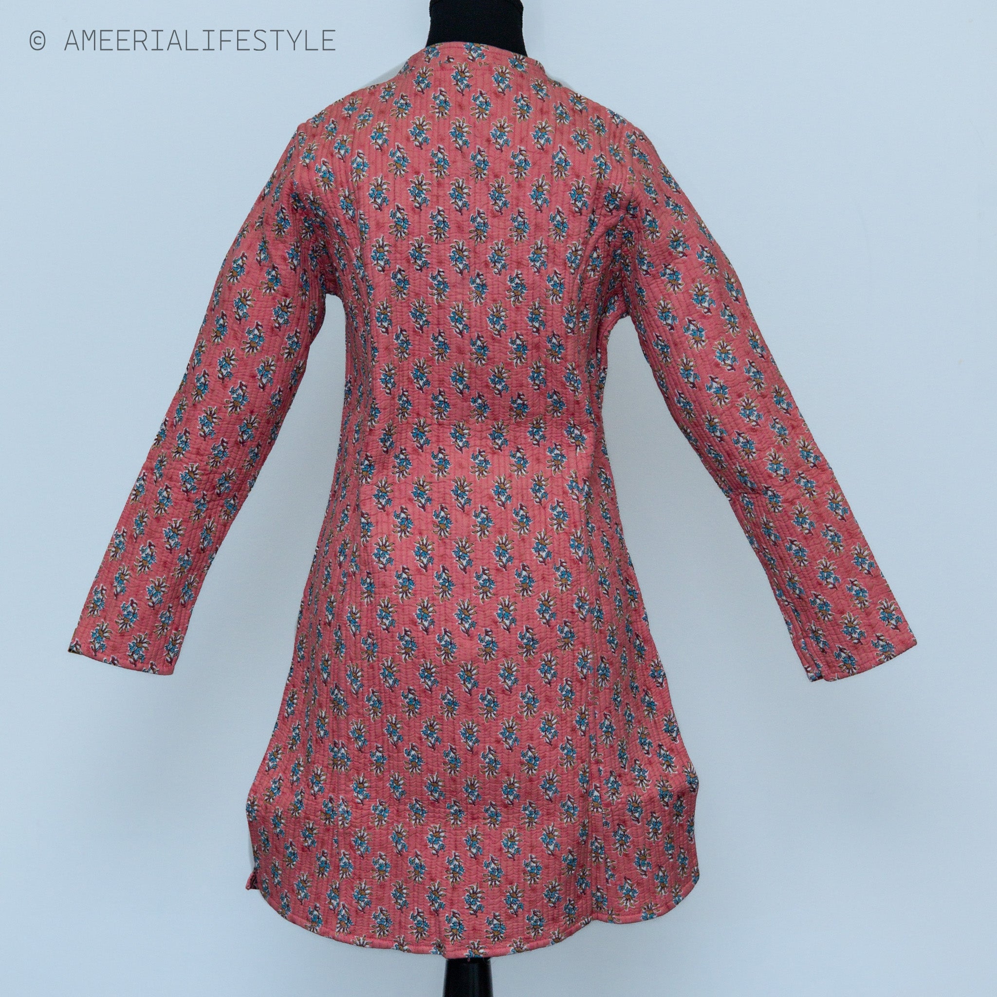 Cotton Quilted Reversible Spring/Fall Jacket - Long - Pink Floral & Orange Medallion