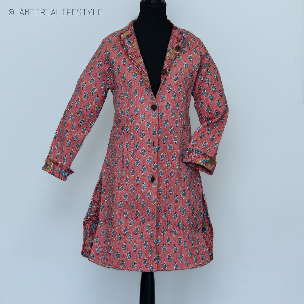 Cotton Quilted Reversible Spring/Fall Jacket - Long - Pink Floral & Orange Medallion