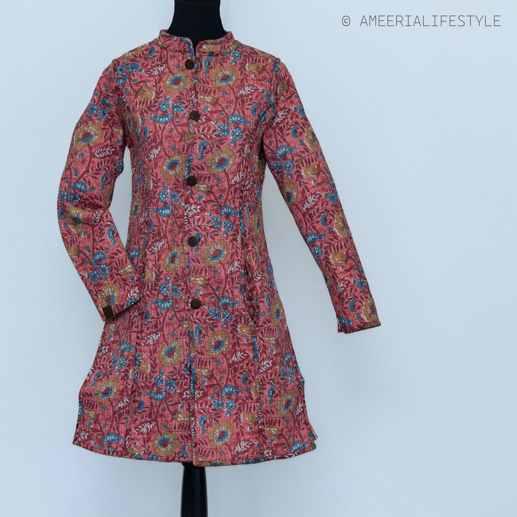 Cotton Quilted Reversible Spring/Fall Jacket - Long - Pink Floral & Orange Medallion