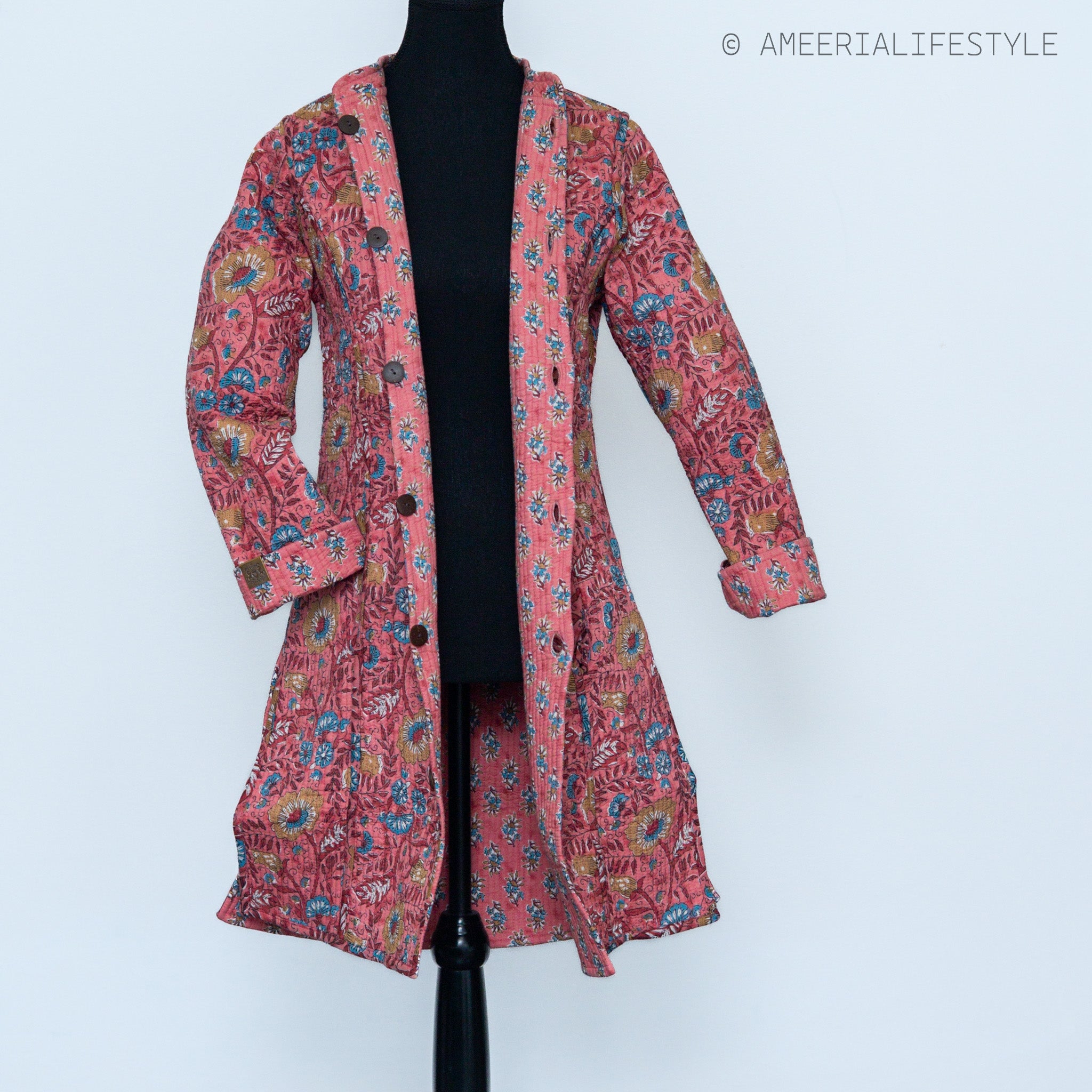 Cotton Quilted Reversible Spring/Fall Jacket - Long - Pink Floral & Orange Medallion