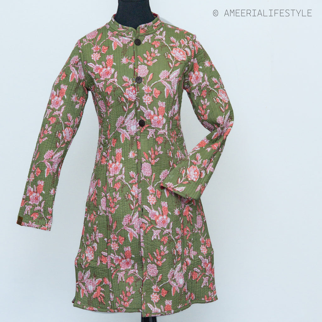 Cotton Quilted Reversible Spring/Fall Jacket - Long - Burgundy Medallion & Sage Green Floral