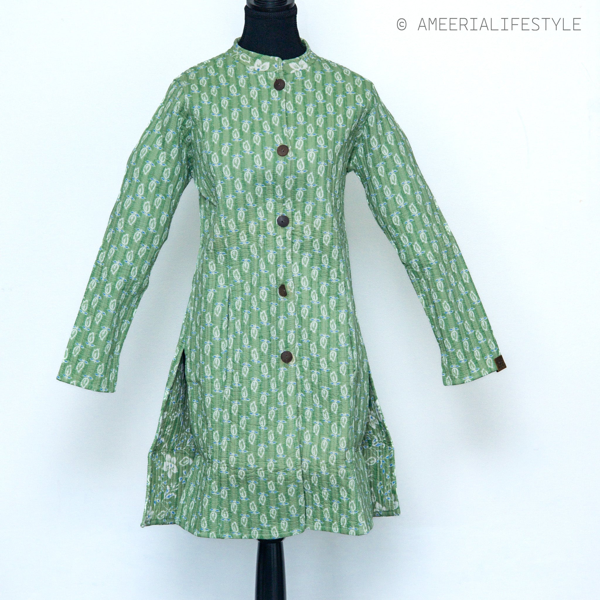 Cotton Quilted Reversible Spring/Fall Jacket - Long - Light Green Floral & Green Paisley