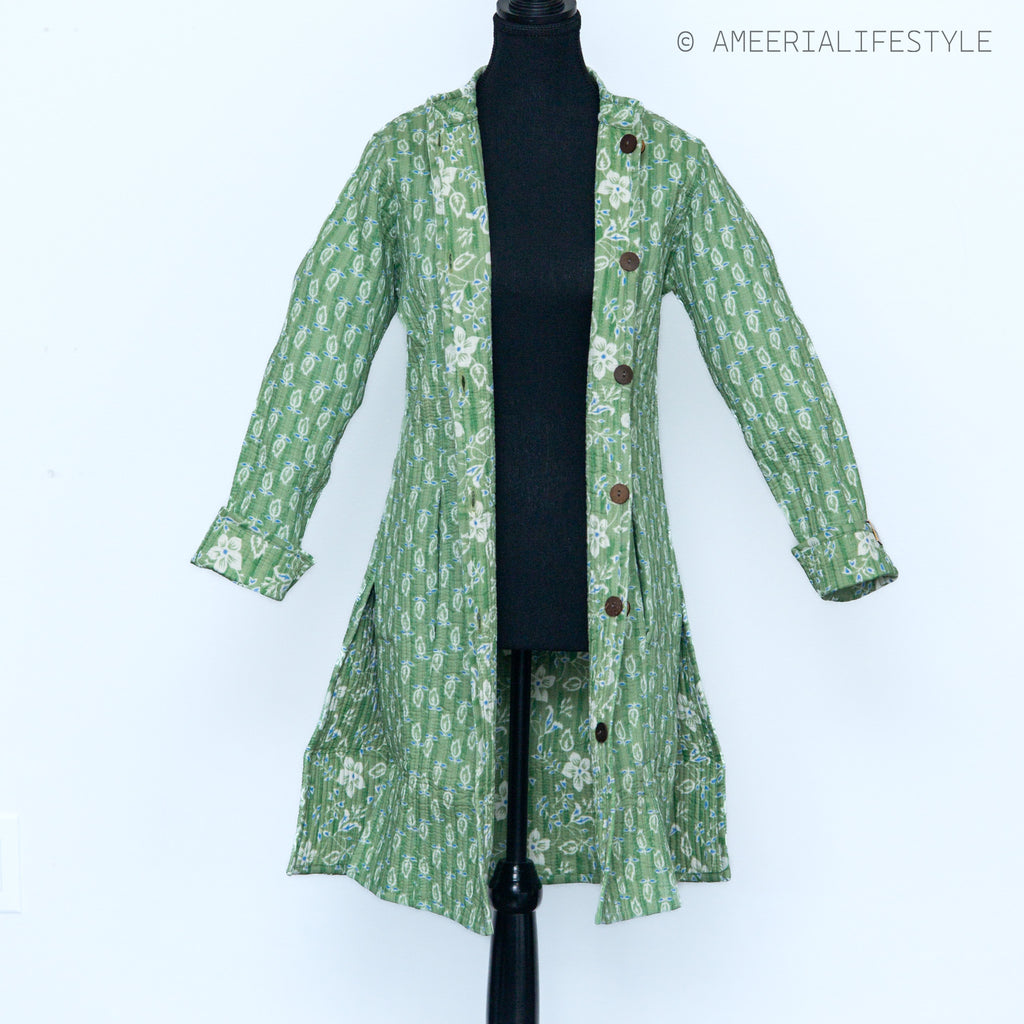 Cotton Quilted Reversible Spring/Fall Jacket - Long - Light Green Floral & Green Paisley