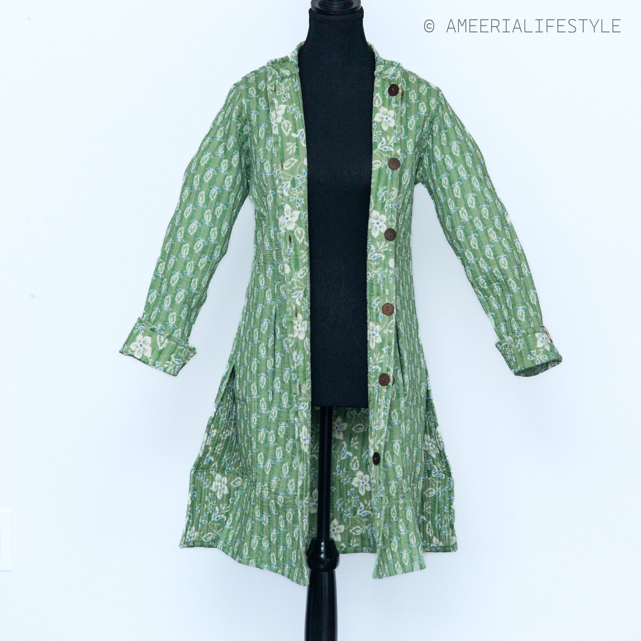 Cotton Quilted Reversible Spring/Fall Jacket - Long - Light Green Floral & Green Paisley