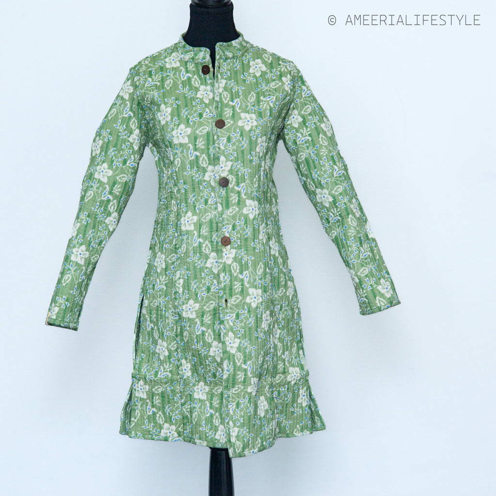 Cotton Quilted Reversible Spring/Fall Jacket - Long - Light Green Floral & Green Paisley