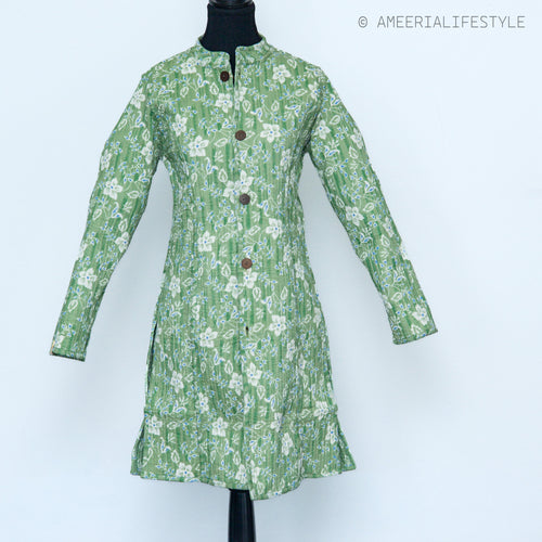 Cotton Quilted Reversible Spring/Fall Jacket - Long - Light Green Floral & Green Paisley