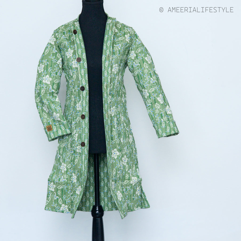 Cotton Quilted Reversible Spring/Fall Jacket - Long - Light Green Floral & Green Paisley