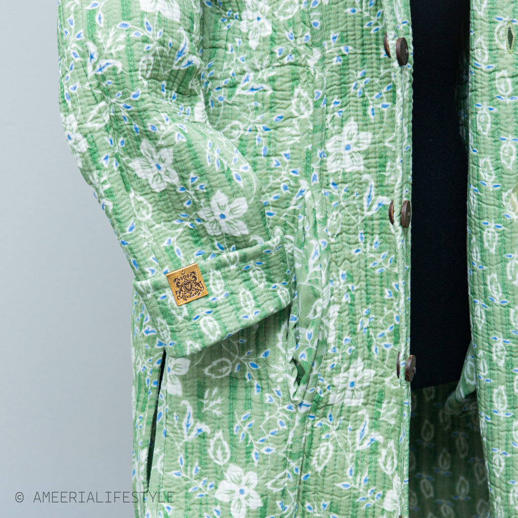 Cotton Quilted Reversible Spring/Fall Jacket - Long - Light Green Floral & Green Paisley