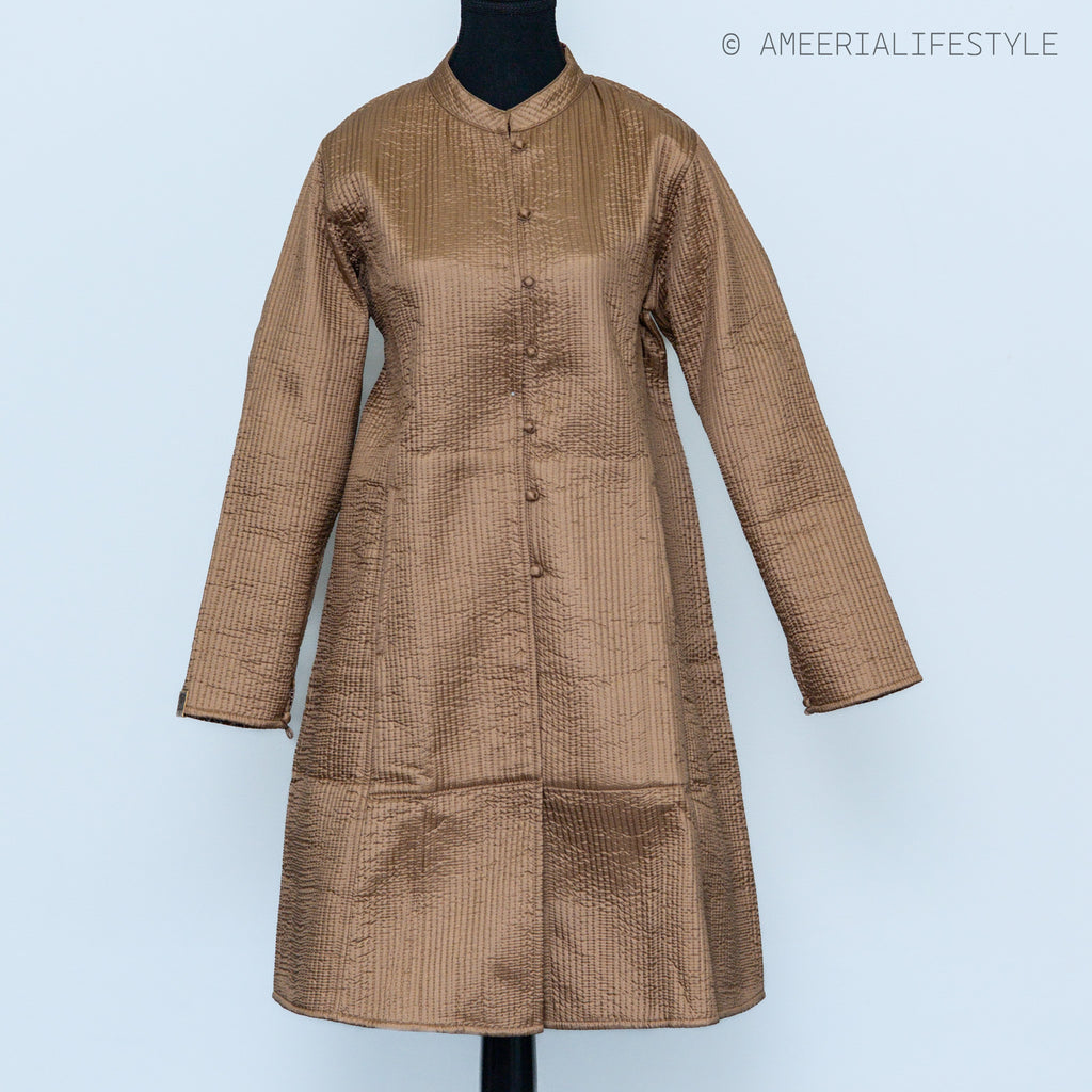 Cotton Silk Quilted Reversible Spring/Fall Jacket - Long - Caramel Paisley & Beige Textured