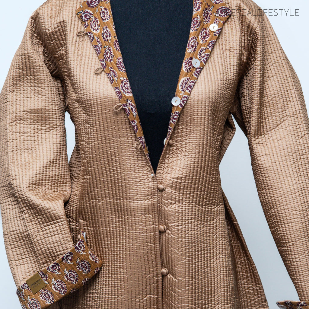 Cotton Silk Quilted Reversible Spring/Fall Jacket - Long - Caramel Paisley & Beige Textured