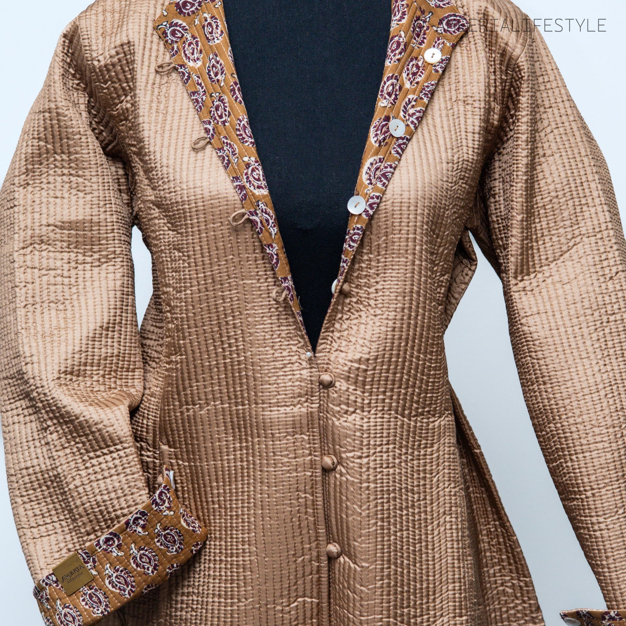 Cotton Silk Quilted Reversible Spring/Fall Jacket - Long - Caramel Paisley & Beige Textured