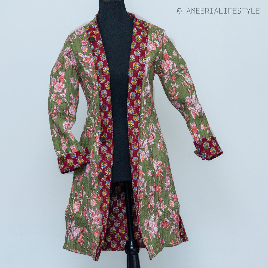 Cotton Quilted Reversible Spring/Fall Jacket - Long - Burgundy Medallion & Sage Green Floral