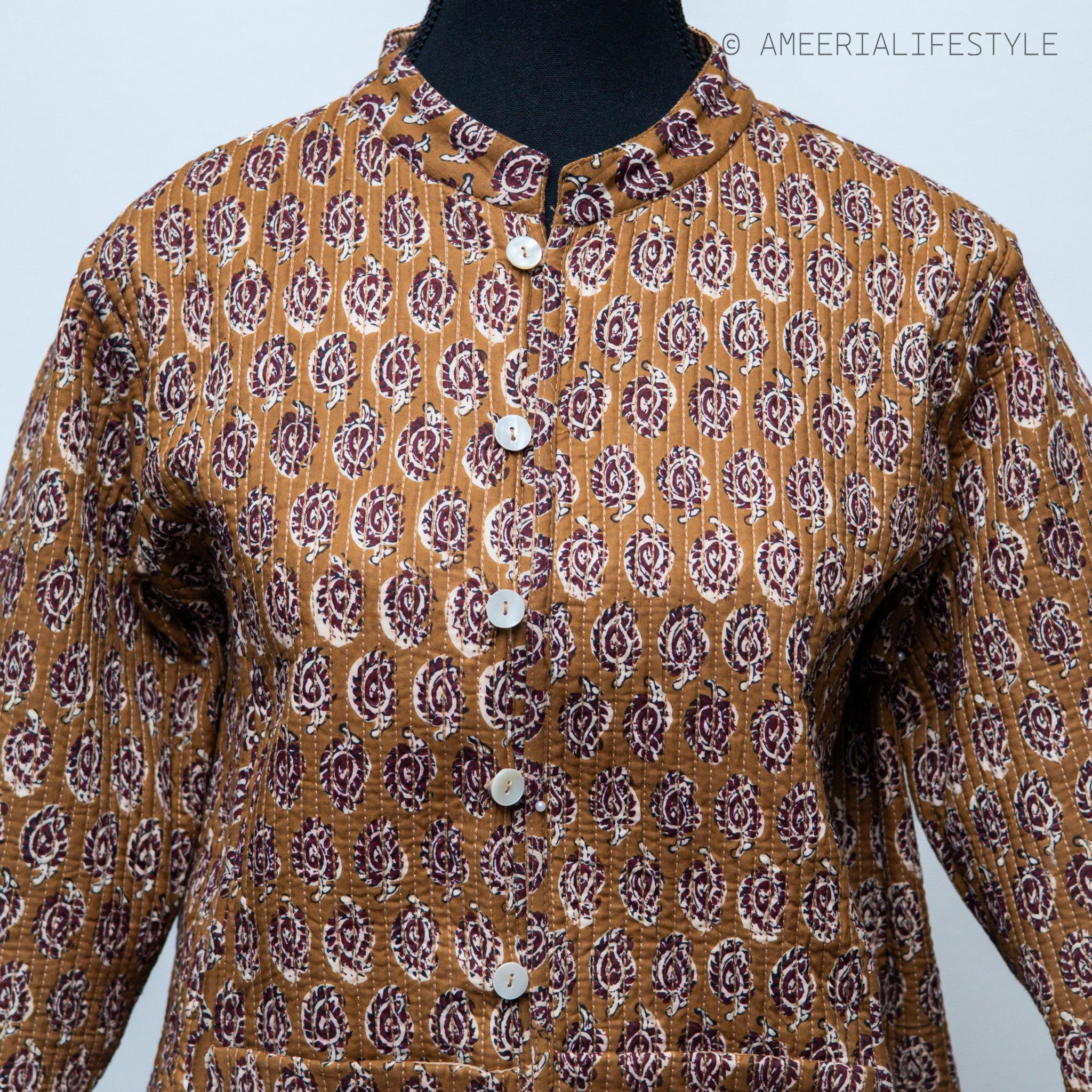 Cotton Silk Quilted Reversible Spring/Fall Jacket - Long - Caramel Paisley & Beige Textured