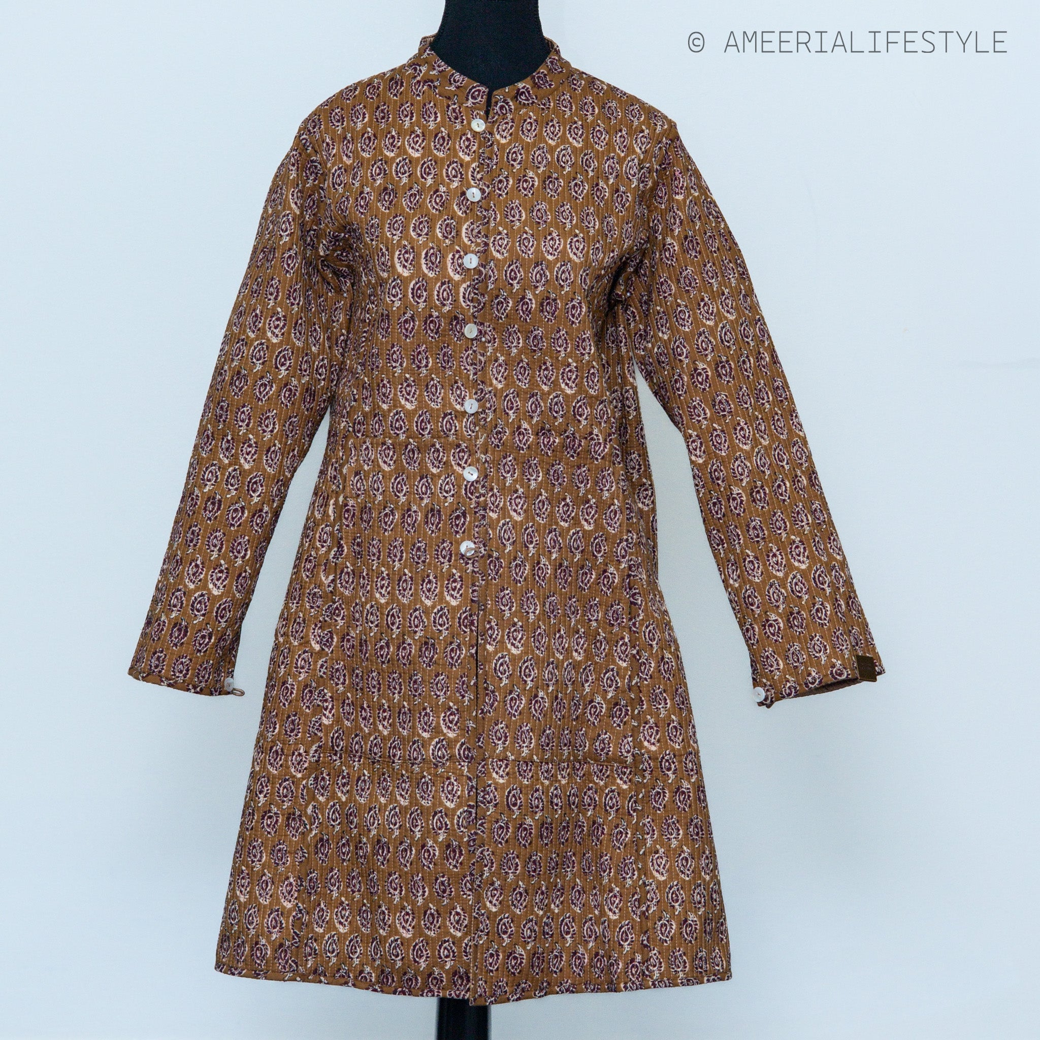 Cotton Silk Quilted Reversible Spring/Fall Jacket - Long - Caramel Paisley & Beige Textured