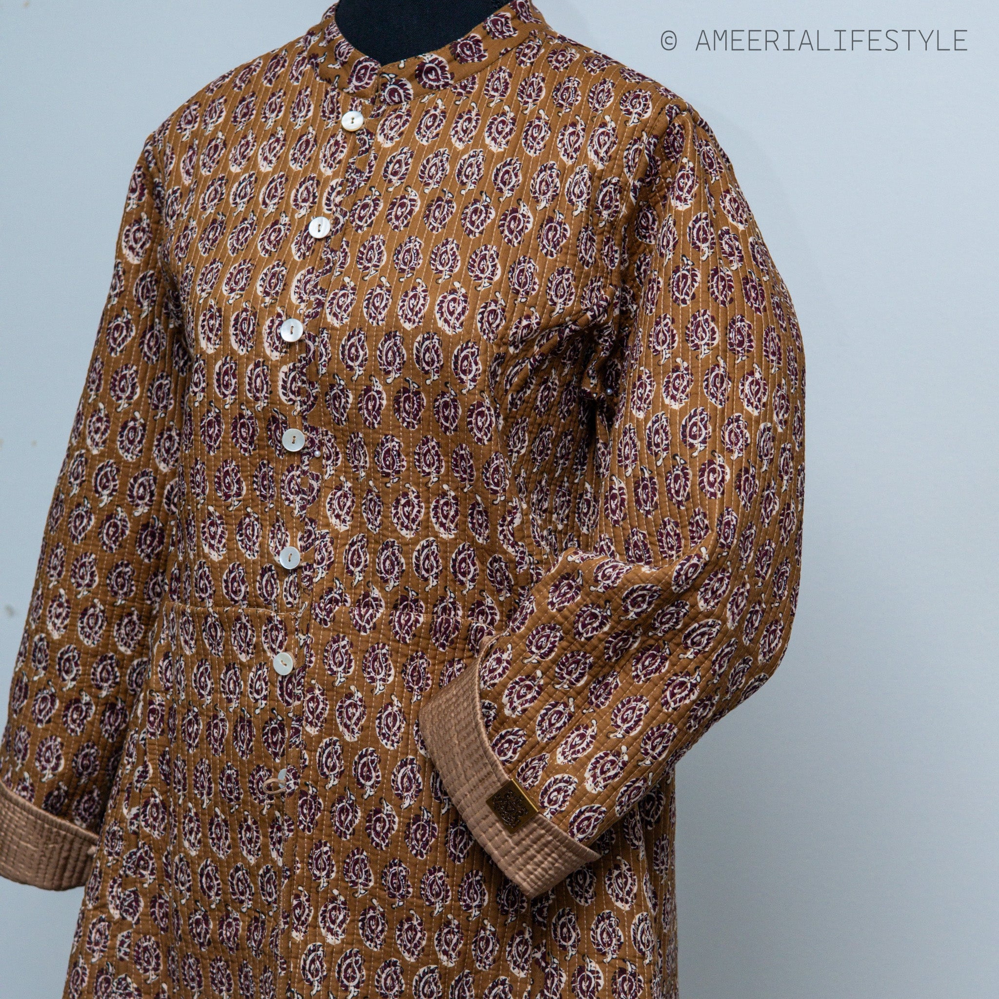 Cotton Silk Quilted Reversible Spring/Fall Jacket - Long - Caramel Paisley & Beige Textured