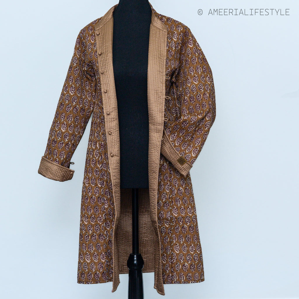 Cotton Silk Quilted Reversible Spring/Fall Jacket - Long - Caramel Paisley & Beige Textured