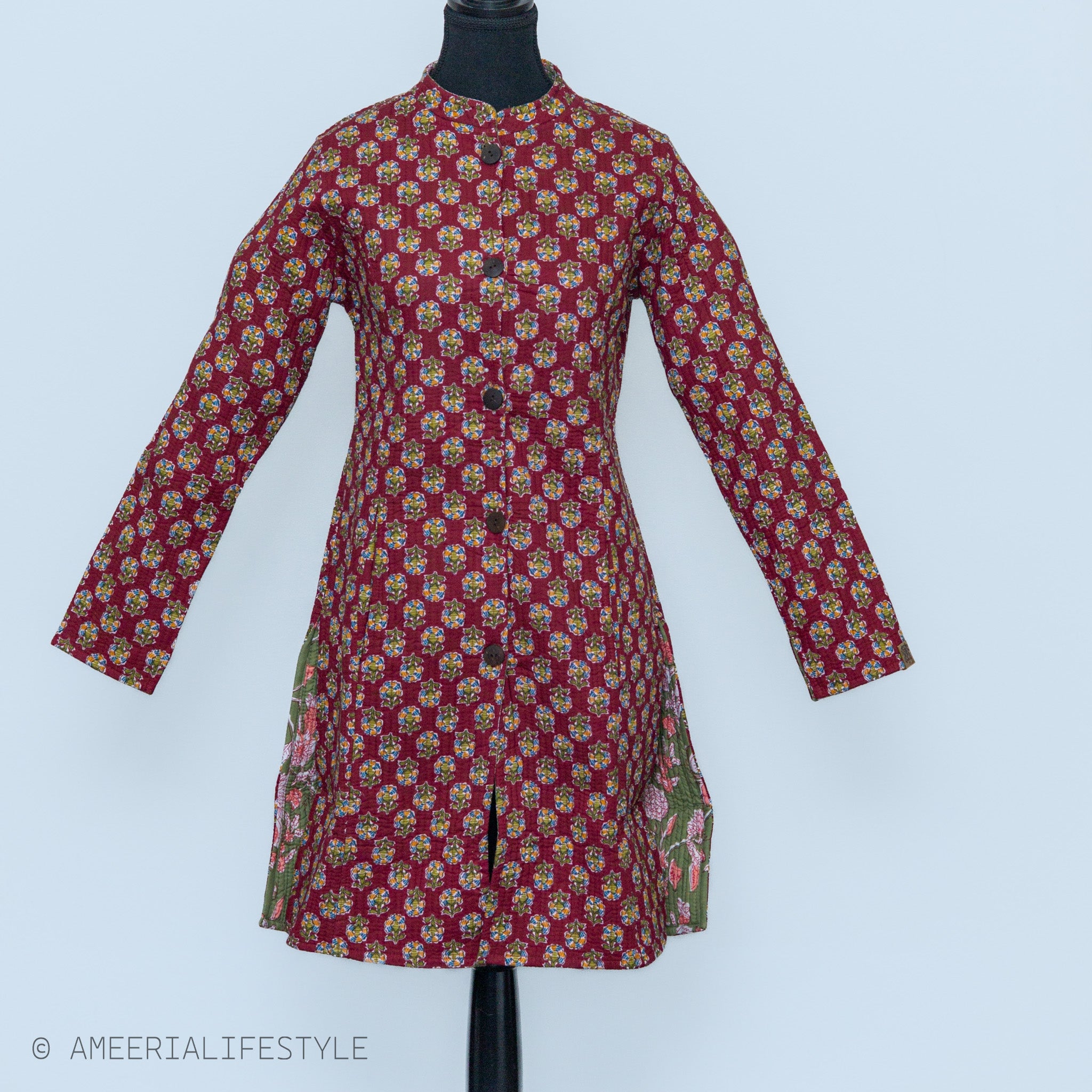 Cotton Quilted Reversible Spring/Fall Jacket - Long - Burgundy Medallion & Sage Green Floral