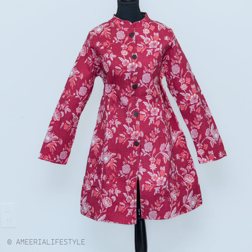 Cotton Quilted Reversible Spring/Fall Jacket - Long - Black & Pink Floral