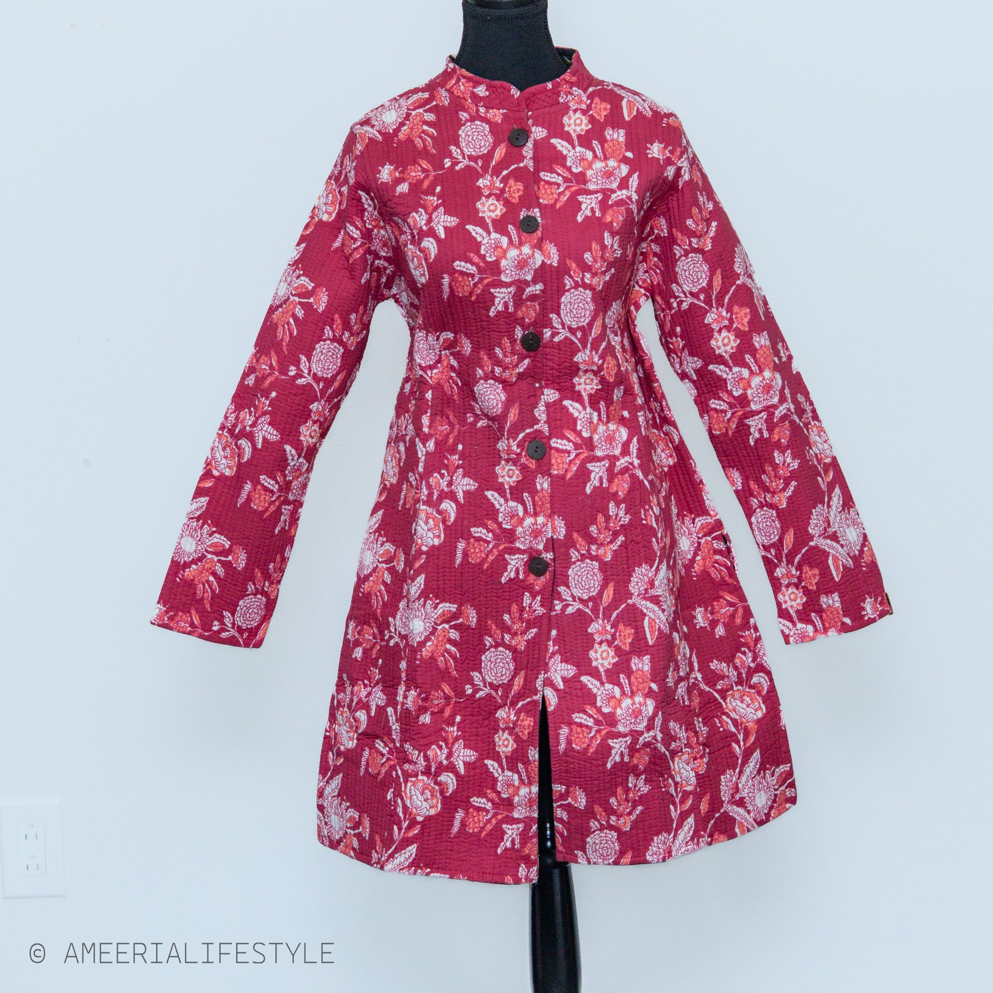 Cotton Quilted Reversible Spring/Fall Jacket - Long - Black & Pink Floral