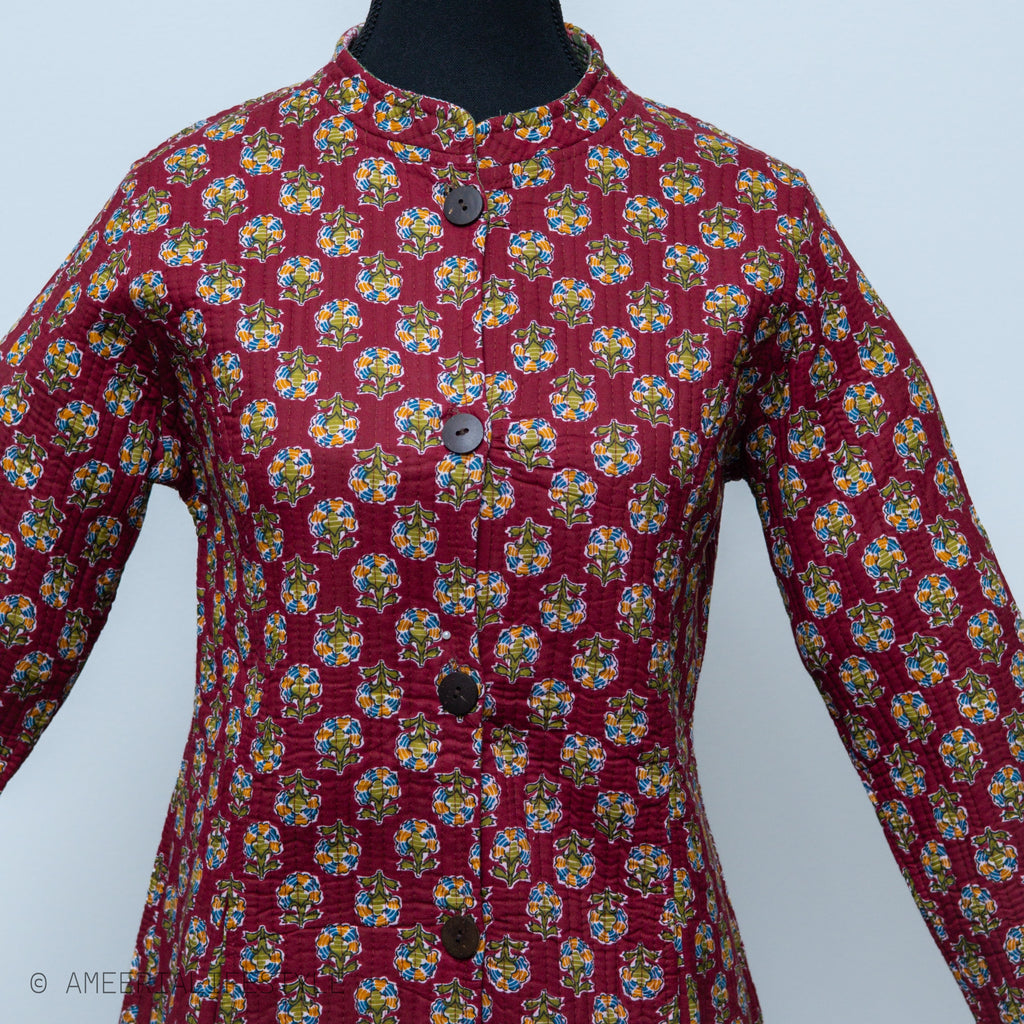Cotton Quilted Reversible Spring/Fall Jacket - Long - Burgundy Medallion & Sage Green Floral