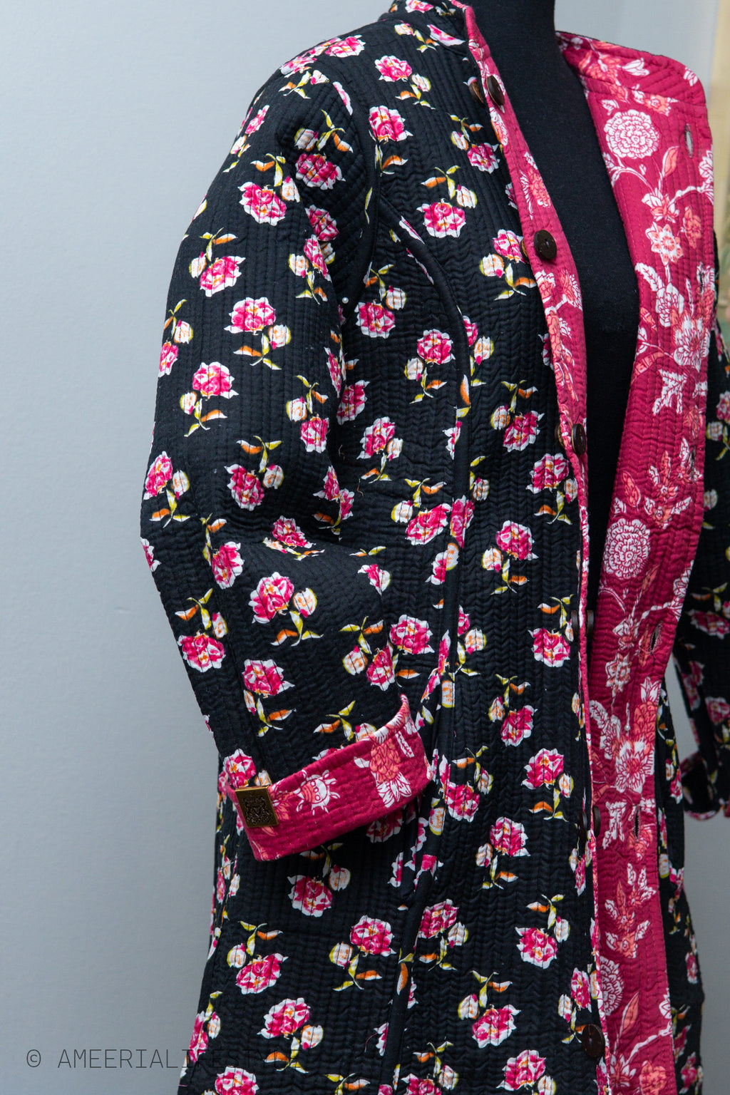 Cotton Quilted Reversible Spring/Fall Jacket - Long - Black & Pink Floral