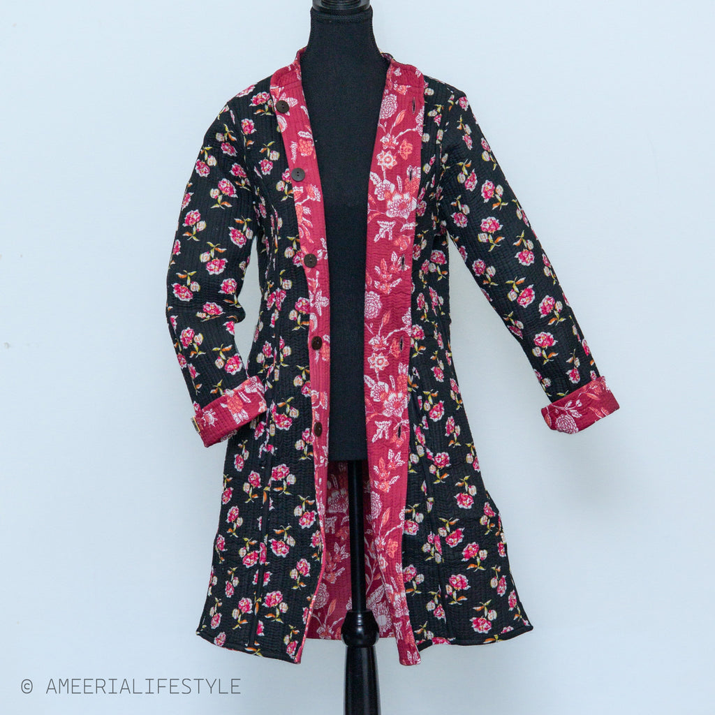 Cotton Quilted Reversible Spring/Fall Jacket - Long - Black & Pink Floral