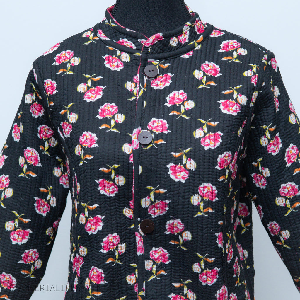 Cotton Quilted Reversible Spring/Fall Jacket - Long - Black & Pink Floral