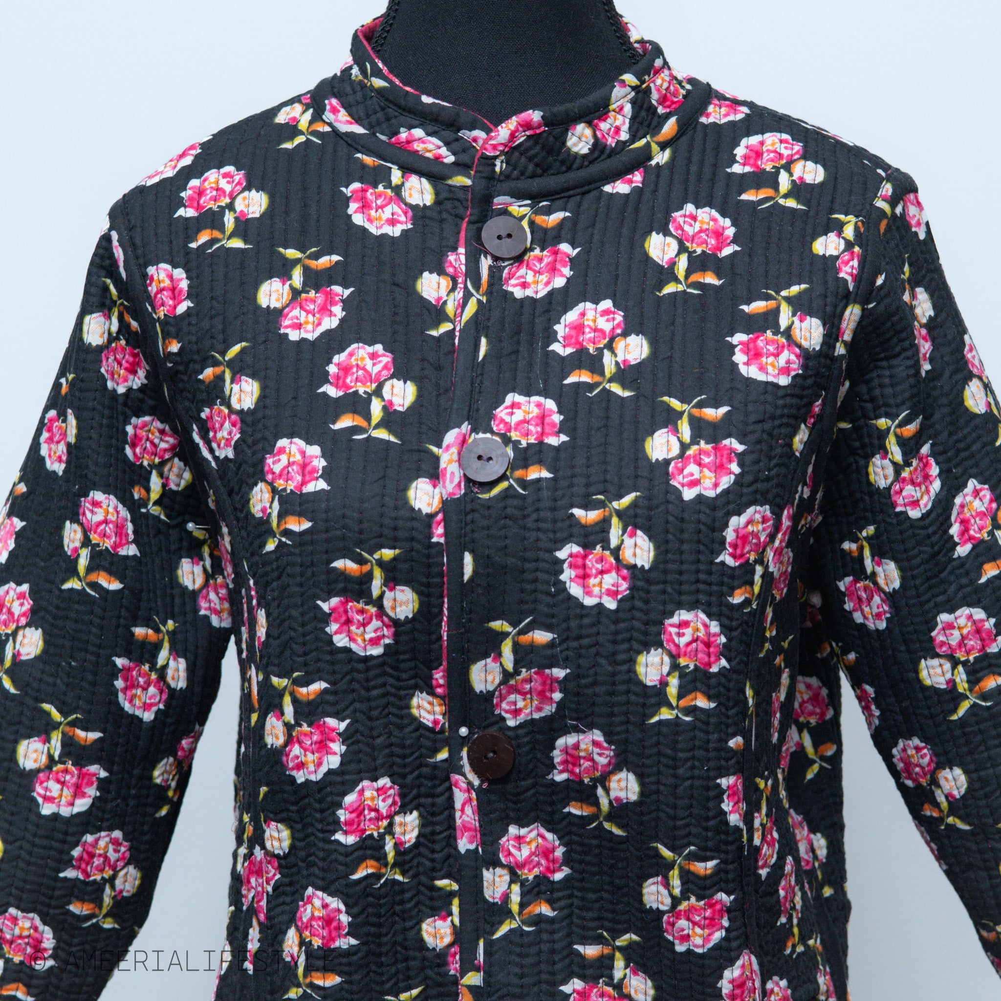 Cotton Quilted Reversible Spring/Fall Jacket - Long - Black & Pink Floral