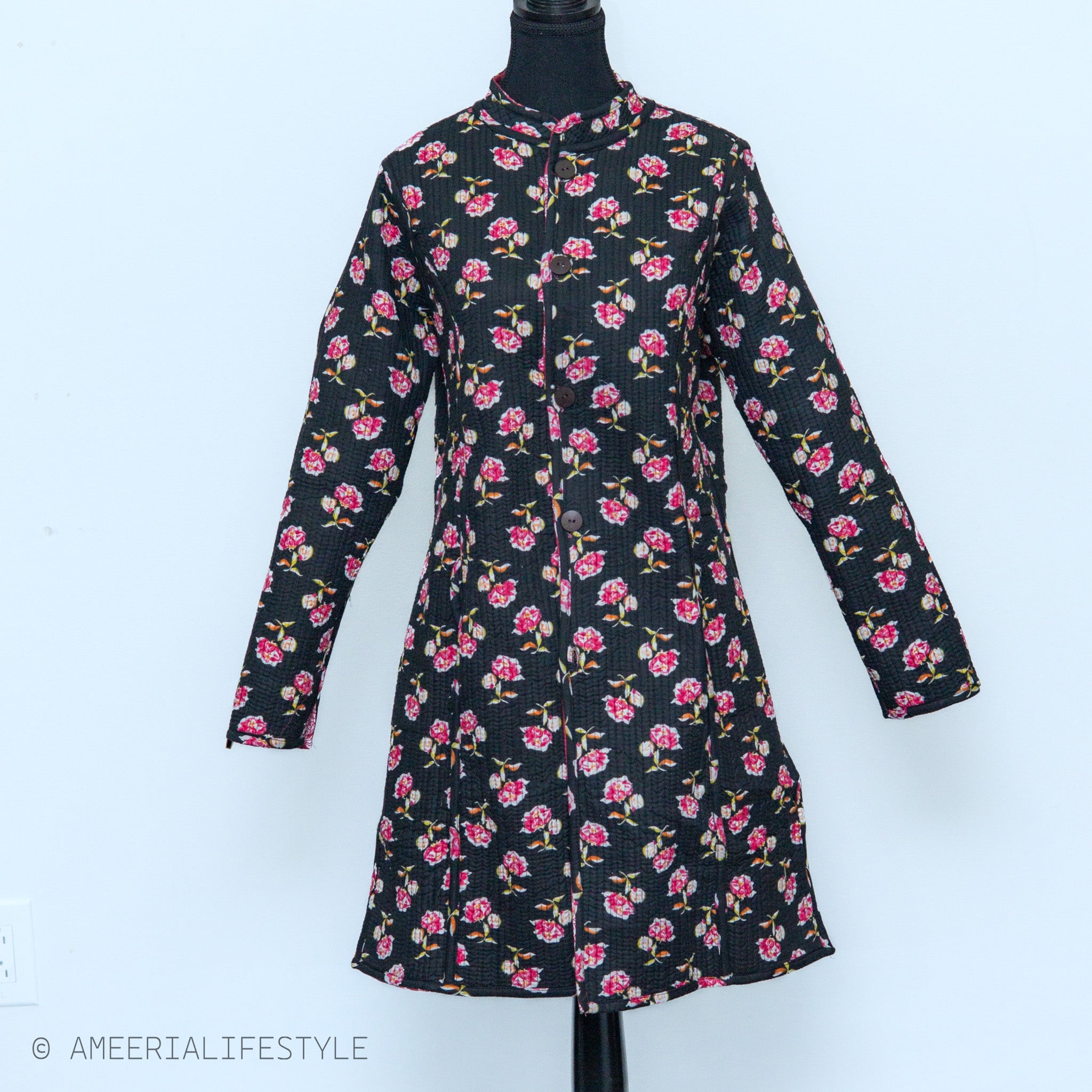 Cotton Quilted Reversible Spring/Fall Jacket - Long - Black & Pink Floral