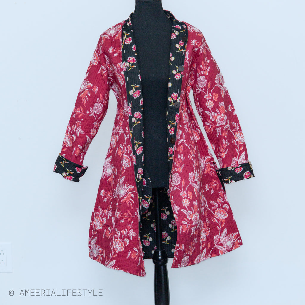 Cotton Quilted Reversible Spring/Fall Jacket - Long - Black & Pink Floral