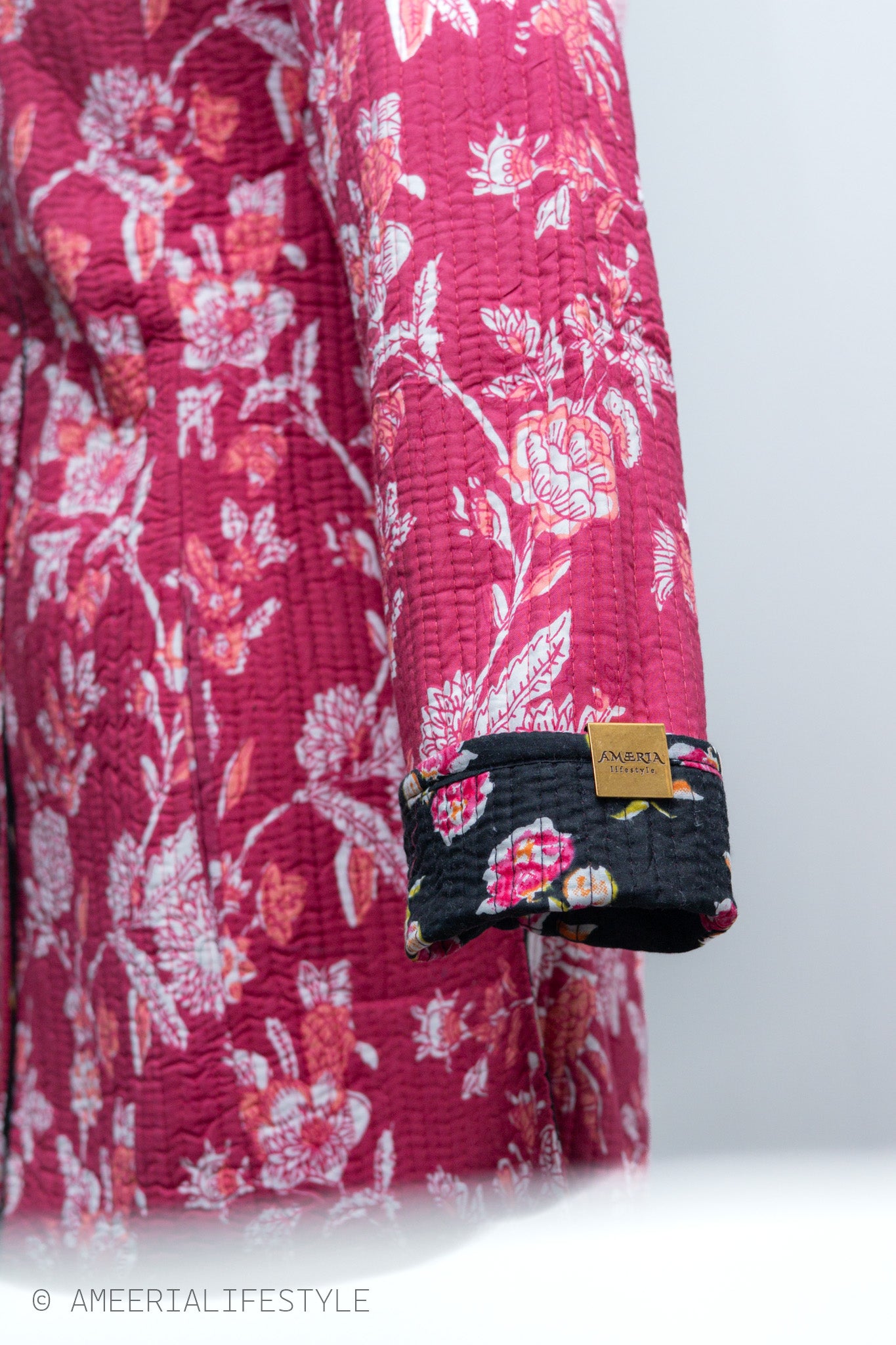 Cotton Quilted Reversible Spring/Fall Jacket - Long - Black & Pink Floral