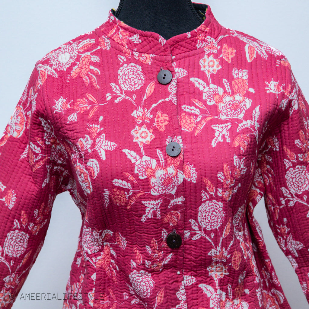 Cotton Quilted Reversible Spring/Fall Jacket - Long - Black & Pink Floral