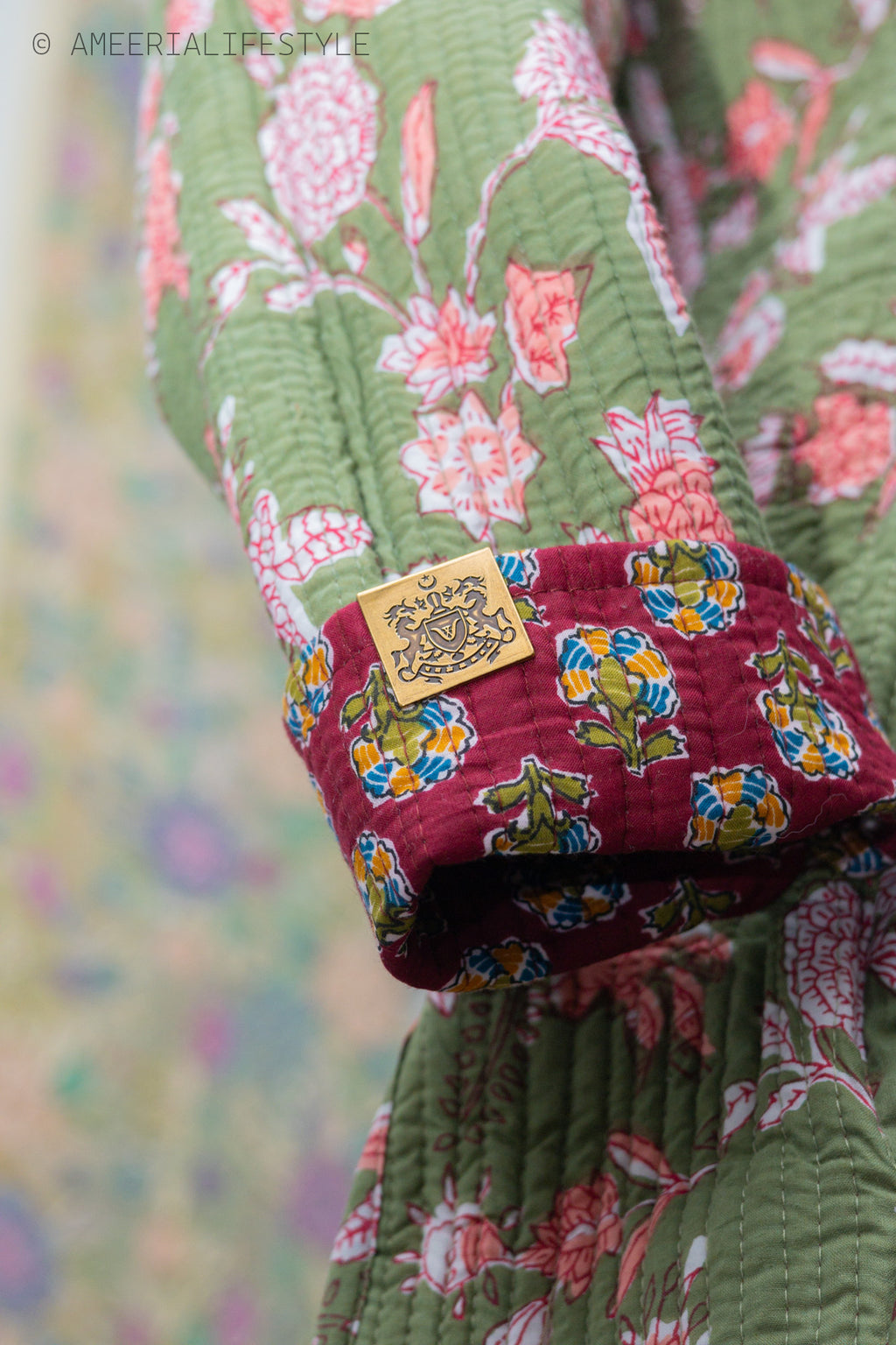 Cotton Quilted Reversible Spring/Fall Jacket - Long - Burgundy Medallion & Sage Green Floral