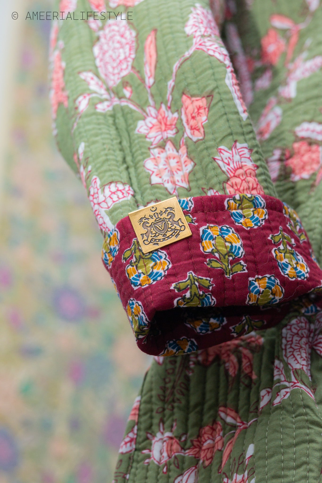 Cotton Quilted Reversible Spring/Fall Jacket - Long - Burgundy Medallion & Sage Green Floral