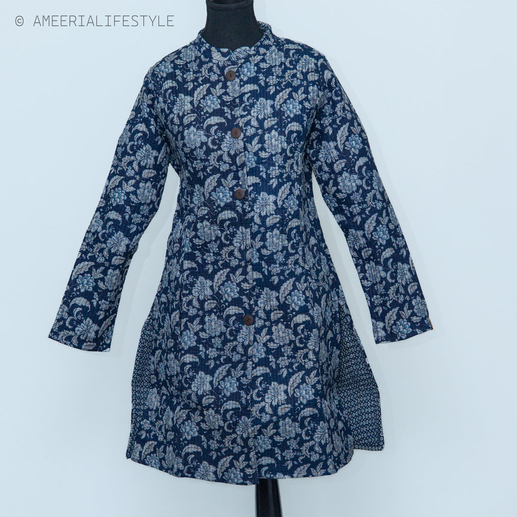 Cotton Quilted Reversible Spring/Fall Jacket - Long - Navy Blue Floral & Light Blue Geometric