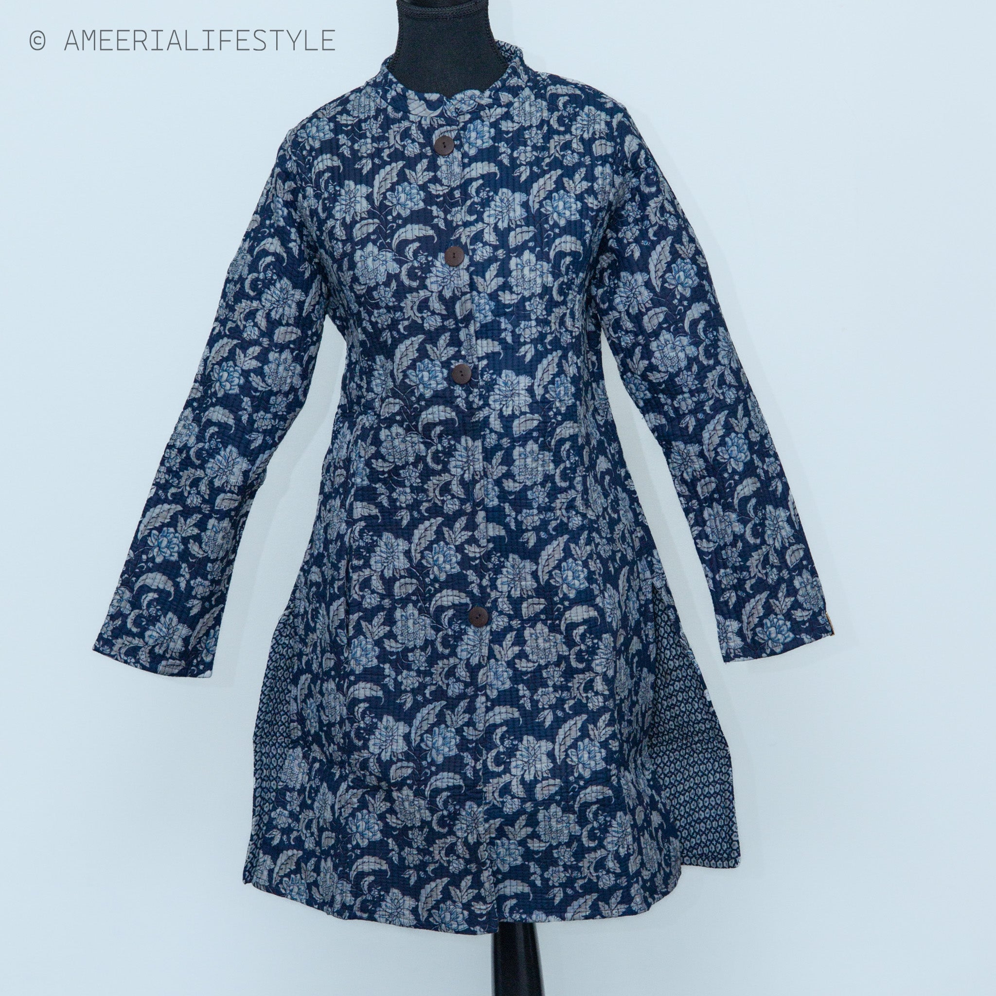 Cotton Quilted Reversible Spring/Fall Jacket - Long - Navy Blue Floral & Light Blue Geometric