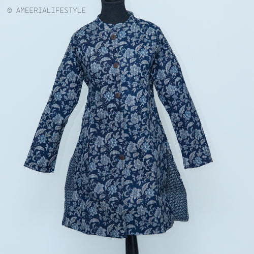 Cotton Quilted Reversible Spring/Fall Jacket - Long - Navy Blue Floral & Light Blue Geometric