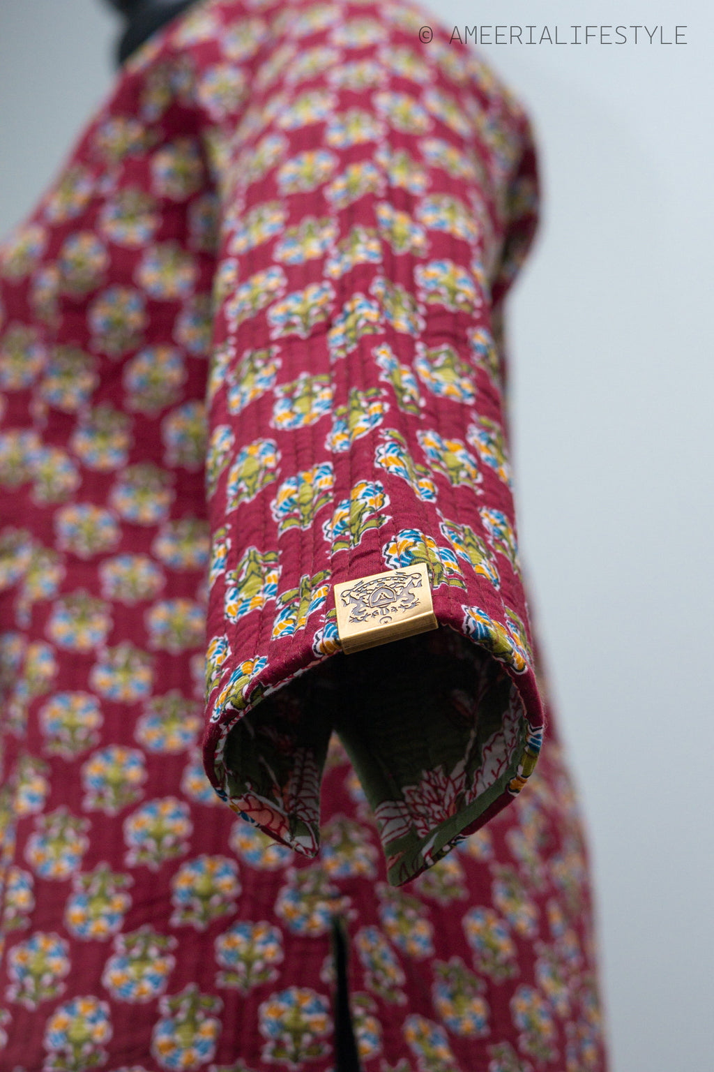 Cotton Quilted Reversible Spring/Fall Jacket - Long - Burgundy Medallion & Sage Green Floral