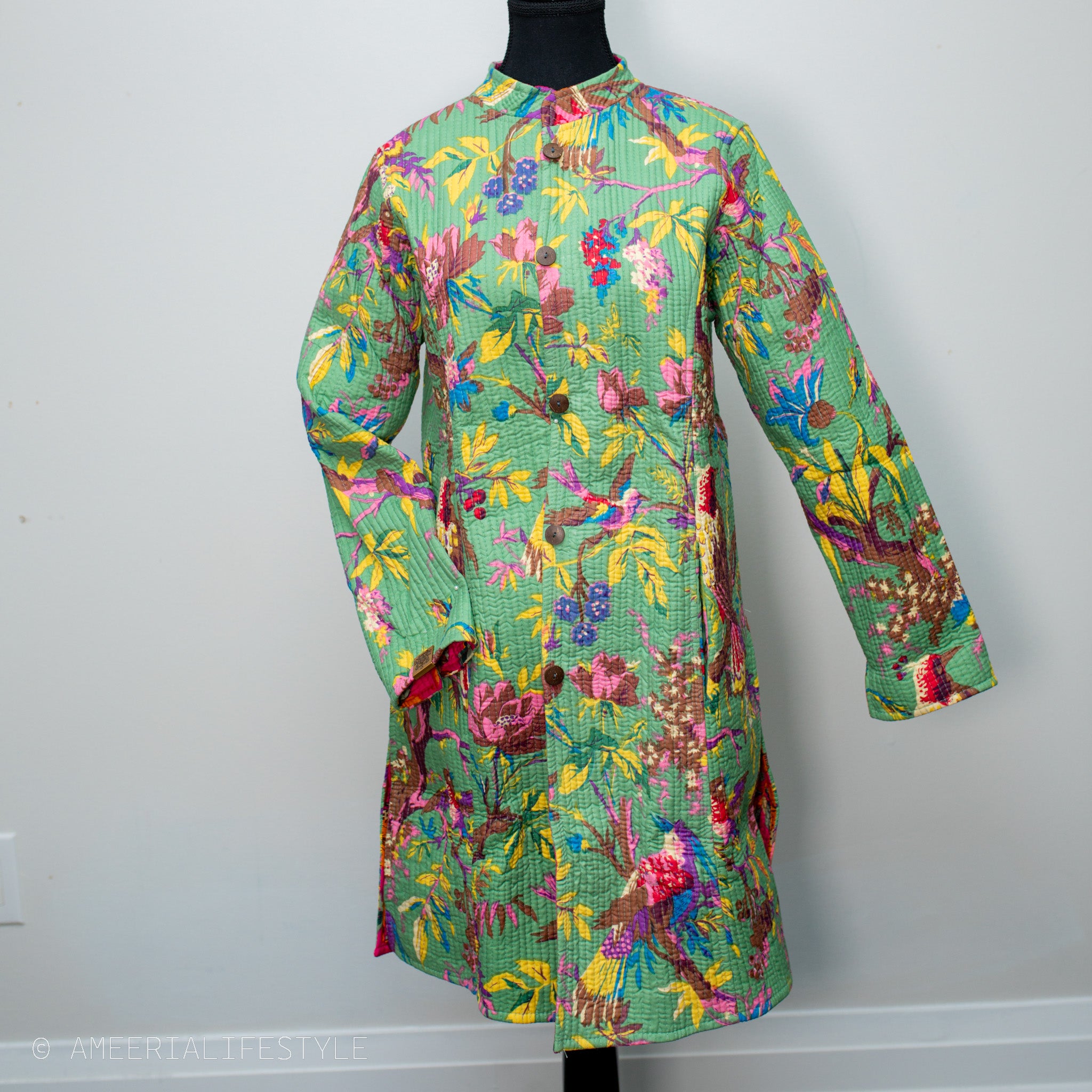 Cotton Quilted Reversible Spring/Fall Jacket - Long - Sage Green & Hot Pink Floral